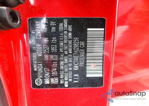 2017 Hyundai Accent Se z USA, uszkodzony, nr VIN KMHCT4AE7HU298259